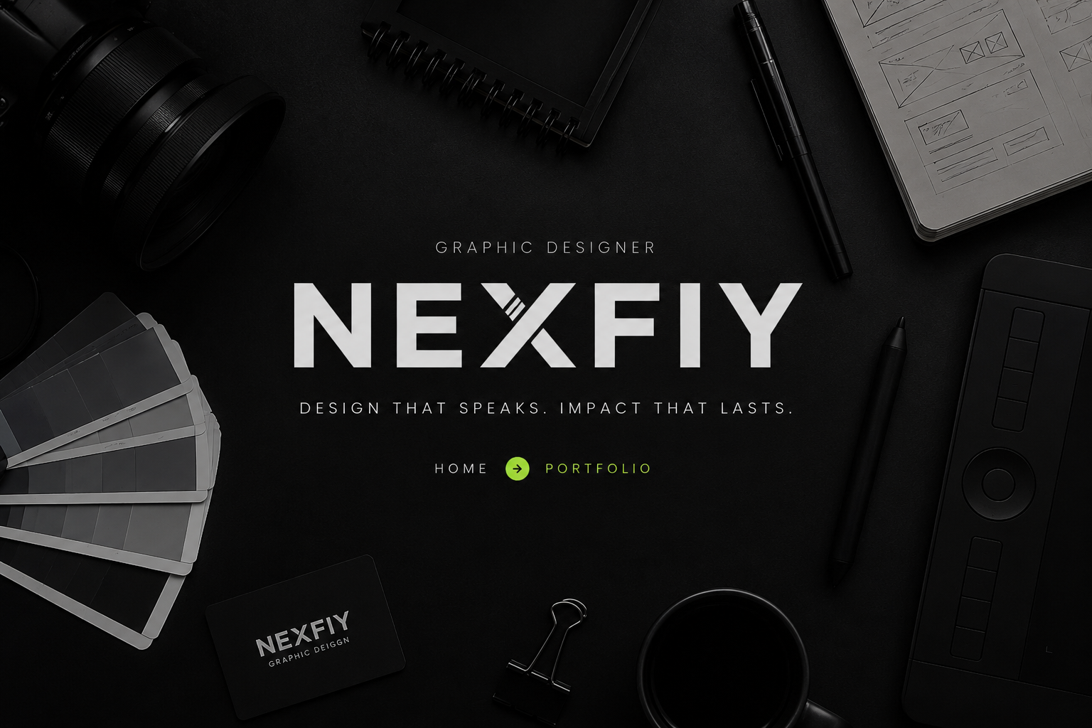 NEXFIY graphic design hero banner — cinematic product poster styling